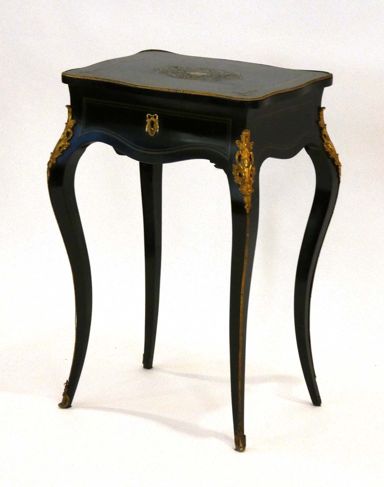 A 19th century ebonised and gilt metal mounted sewing cabinet on cabriole legs, w. - Image 2 of 4