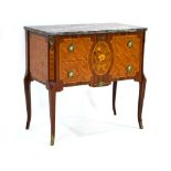 A reproduction brass mounted commode, the marble surface over two walnut,