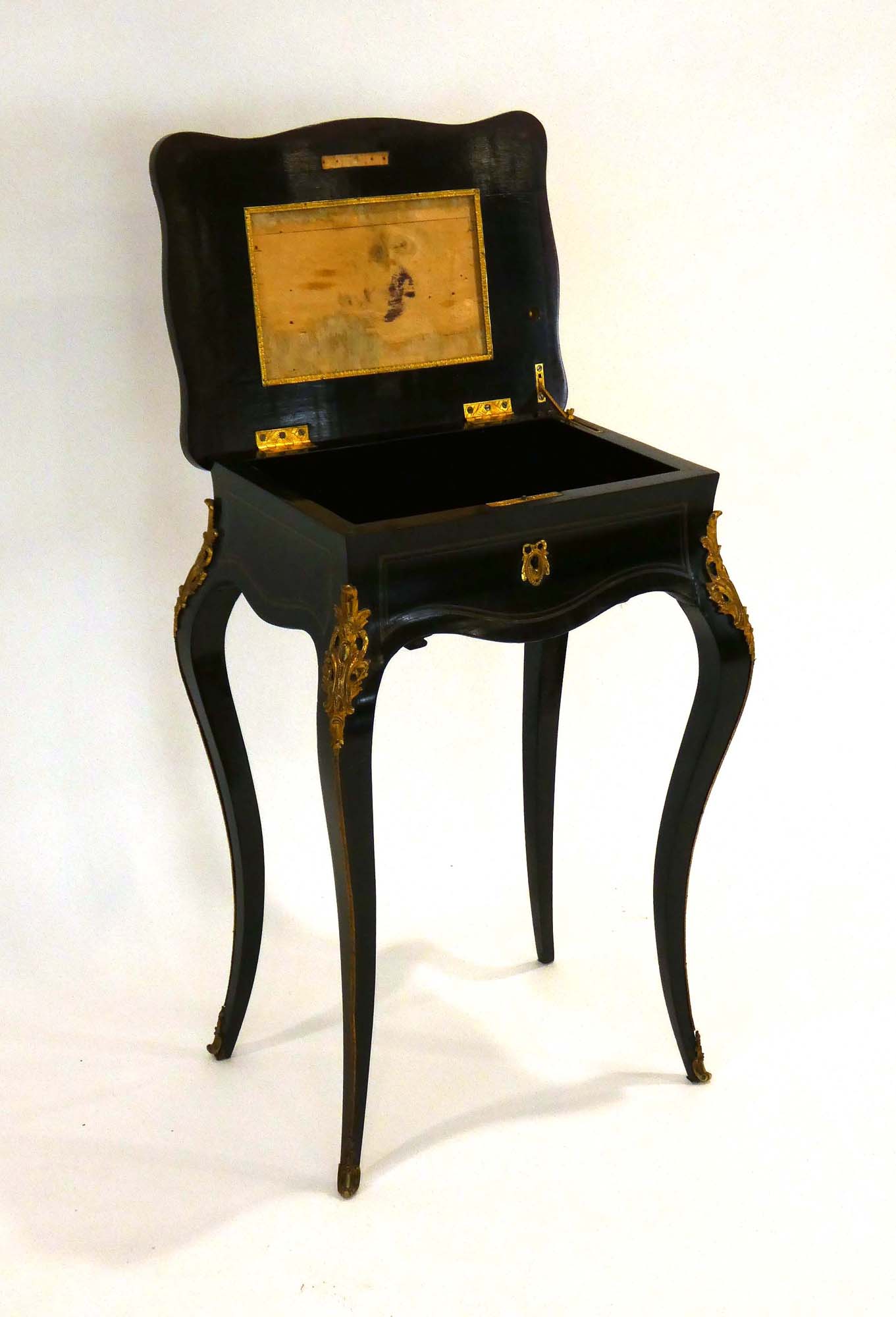 A 19th century ebonised and gilt metal mounted sewing cabinet on cabriole legs, w. - Image 4 of 4