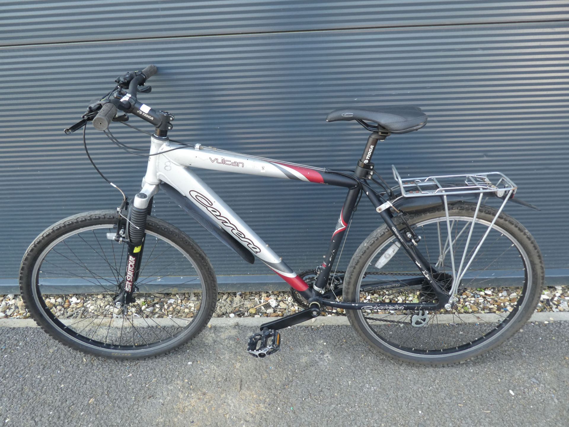 Silver, red and grey Carrera Vulcan gents mountain bike