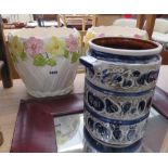 2 floral decorated jardinieres together with a blue and grey decorated jardiniere