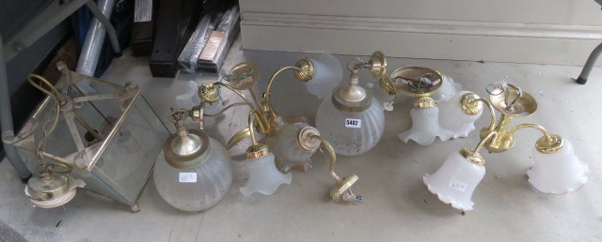 Quantity of glass and brass light fittings