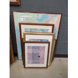 Collection of framed and glazed prints depicting river scenes, landscapes, street scenes, etc.,