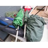 Collection of fishing equipment incl. nets, tents, rods etc.