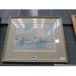 Faded framed and glazed print by David Green of Great Barford bridge