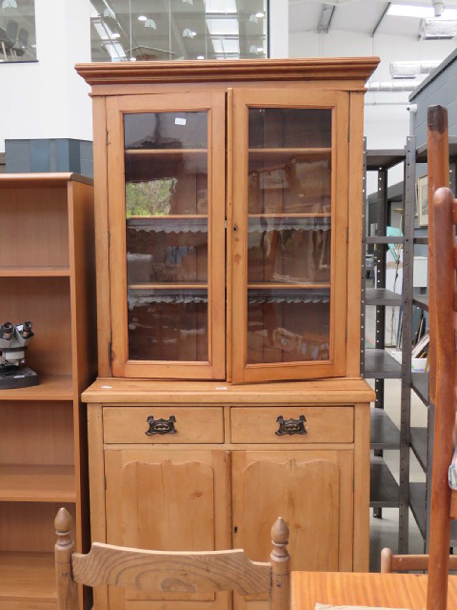 Victorian pine cupboard with glazed display over