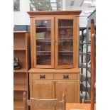 Victorian pine cupboard with glazed display over