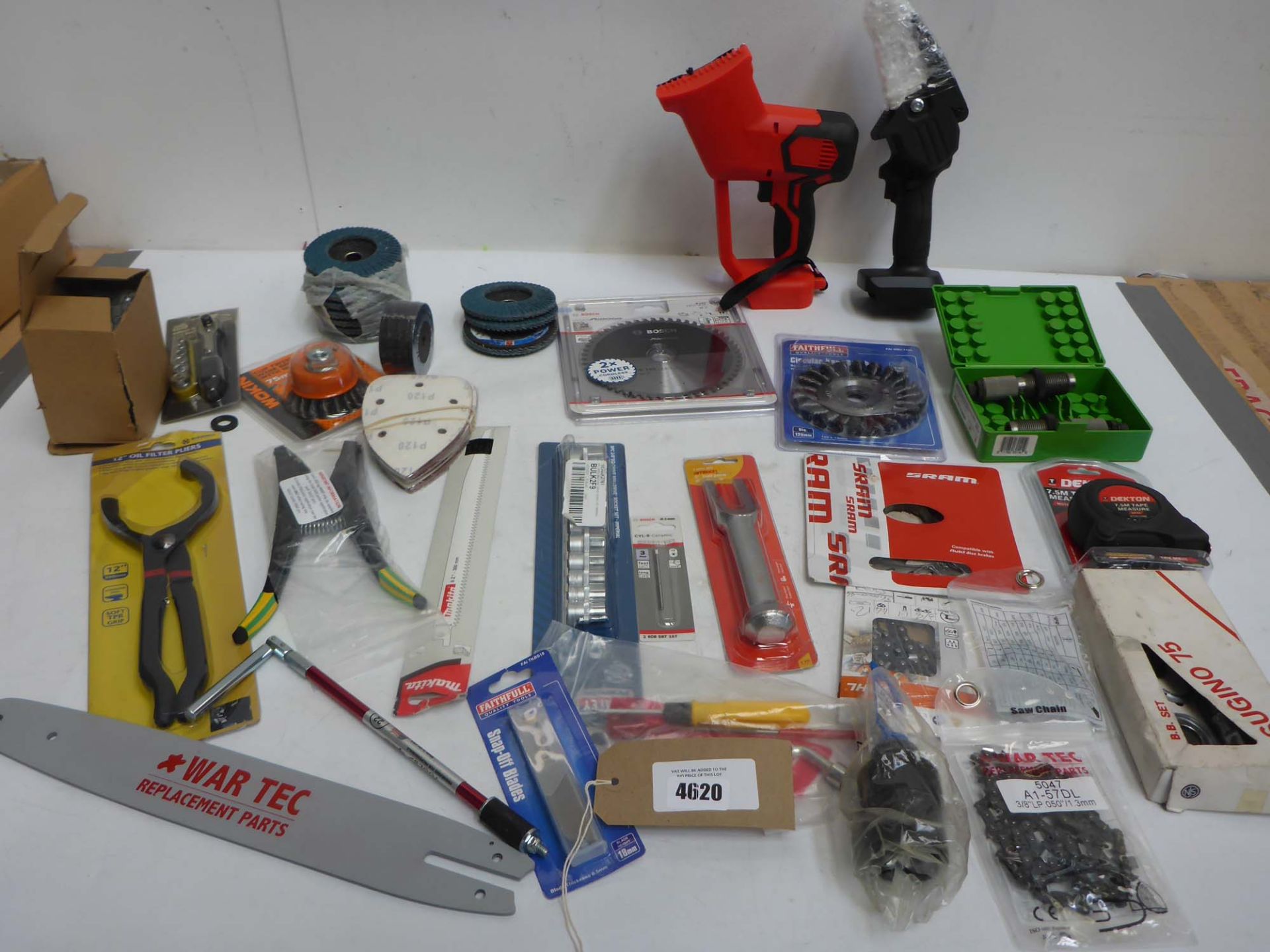 Oil filter pliers, sockets, joint splitter, sanding & cutting discs, chainsaw chains, tape