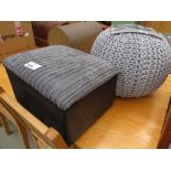 Grey fabric storage box plus a knitted pouffe