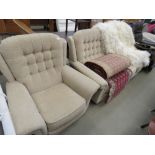 Brown fabric button-back three seater sofa plus matching armchair
