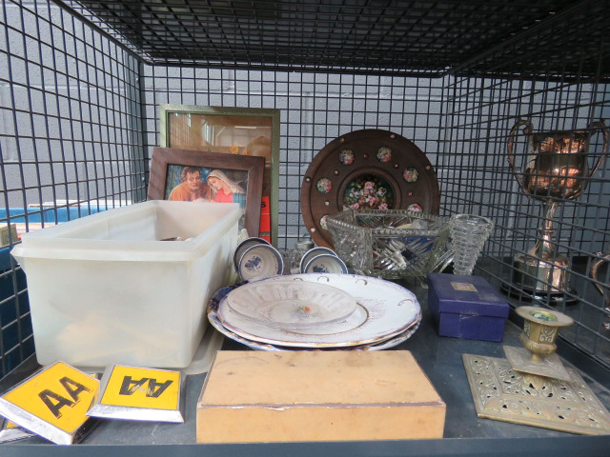 cage containing AA Badges, loose cutlery, pressed glass, china and prints