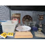 cage containing AA Badges, loose cutlery, pressed glass, china and prints