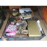 2 boxes containing silver plate, prints, brassware and ornamental figures