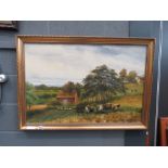 5205 Oil on canvas of country scene with cattle and sheep