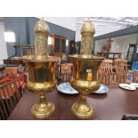 Pair of brass plant pots with Middle Eastern trays and vases