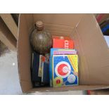 Box of boar games, stamp albums and pottery keg