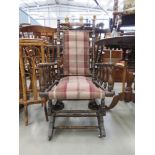 Turned beech rocking chair with tartan seat and backrest