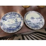 Pair of blue and white Belgian chargers - the windmill and canal with cottages