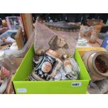 2 boxes containing pottery, beer steins, onyx, tapestry and ornamental flowers