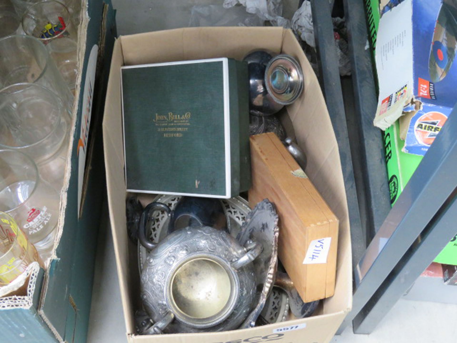 Box containing loose fish knives and forks, silver plates teapots, and dishes