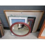 Oval bevelled mirror, photographic print of a tree, house interior, David Green print plus seascape