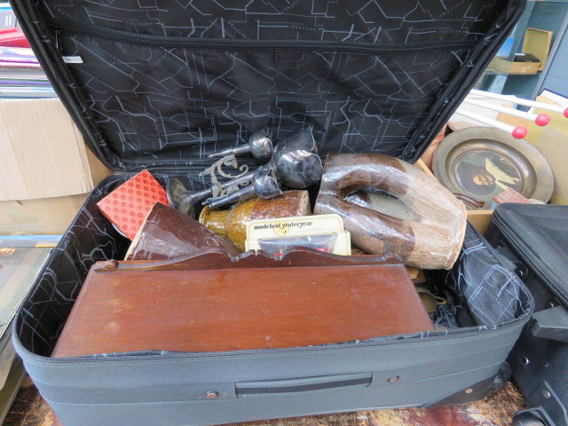 4 boxes and 2 suitcases containing silver plate, pottery, die cast toys, binoculars, prints, rack - Image 2 of 3