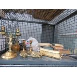 Cage containing brassware inc. trivet, candlesticks, plus quantity of hymn books and napkin rings