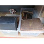 2 boxes containing English Oxford Dictionaries, Short History of English People, old English plate