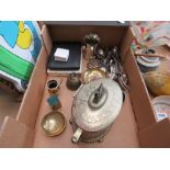 Box containing silver plated and glass lidded bowl, loose cutlery, cutlery sets and brassware