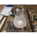 Box containing ornate 2 branch candlestick, family crest, coloured glass, copper pot, Spelter