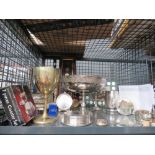 Cage containing silver plated bowls, coasters plus goblet, WMF trinket box and coinage