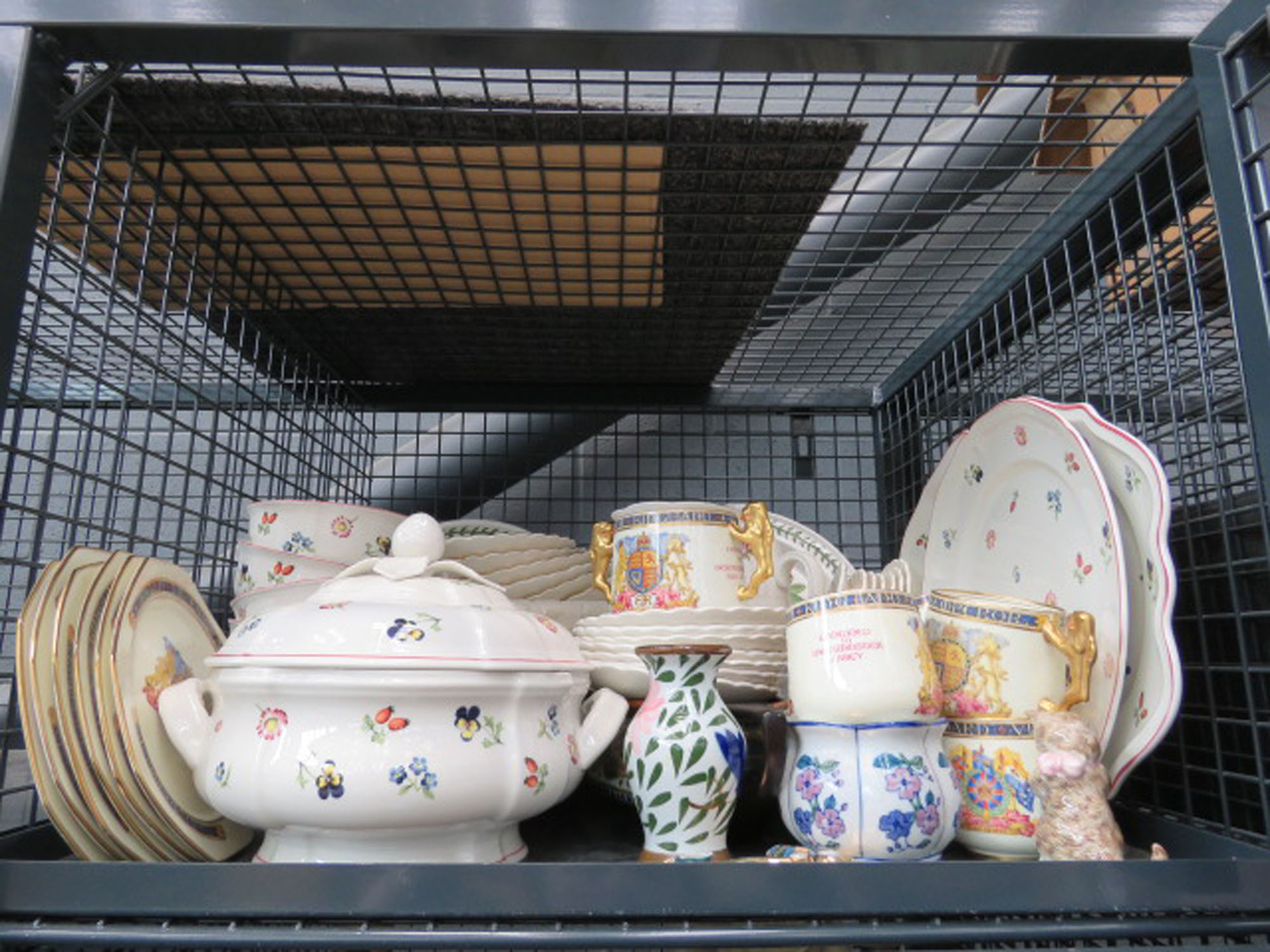 cage containing quantity of Villeroy & Boch crockery plus commemorative ware