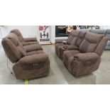 Brown leather and suede effect two seater electric reclining sofa plus a pair of matching armchairs