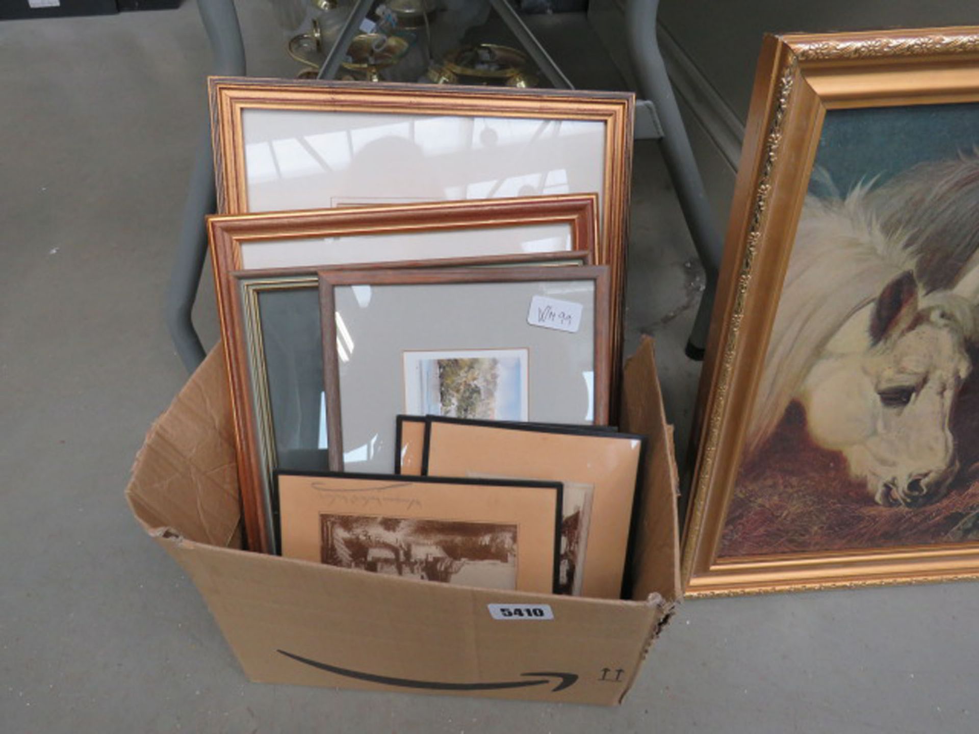 Box containing quantity of prints and paintings incl. country house, beached fishing boat,