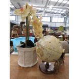Brass horse with cart, students globe and artificial potted orchid