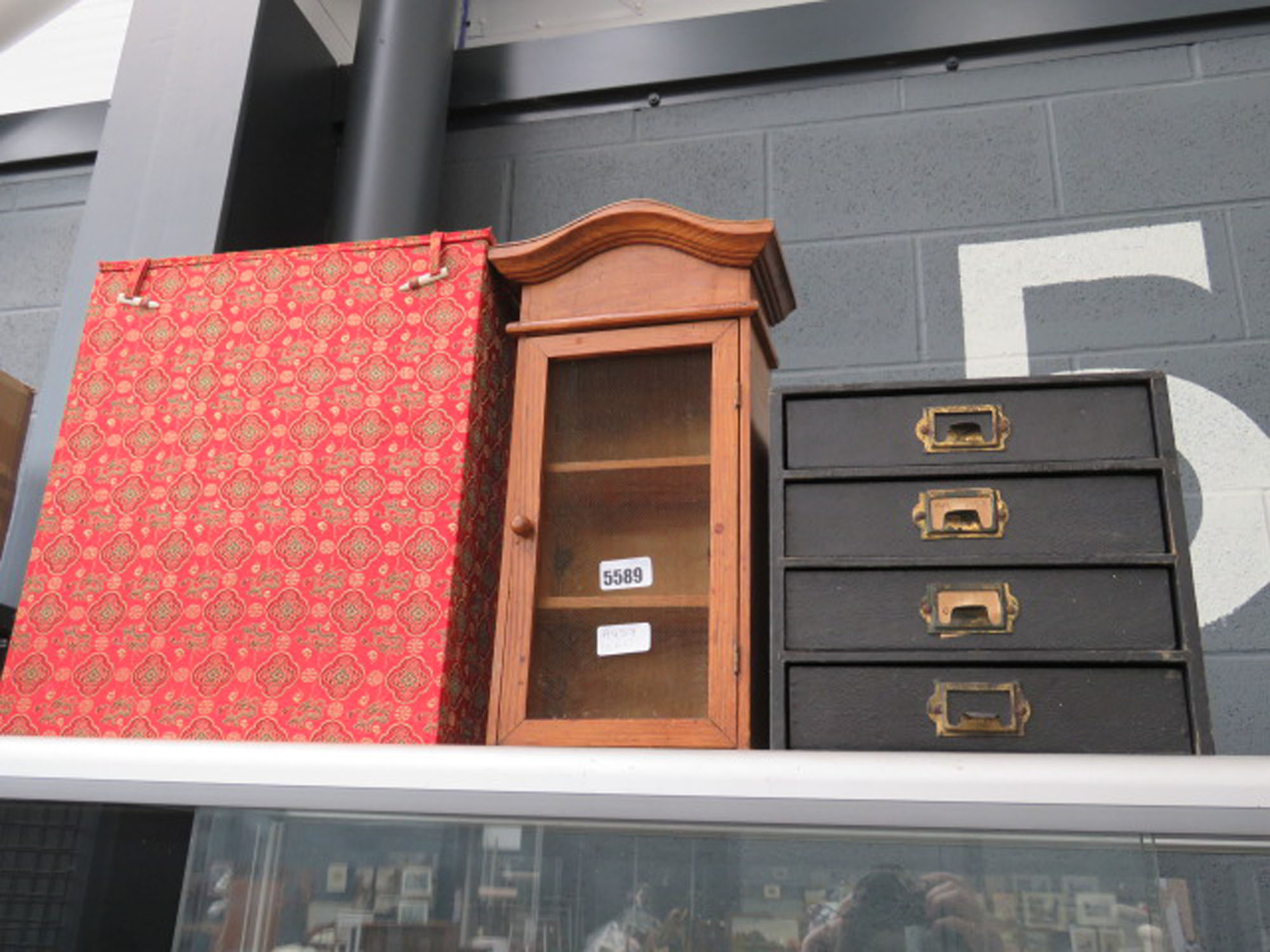 Fabric covered Oriental box, 3 drawer miniature filing cabinet and mesh fronted spice rack