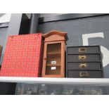 Fabric covered Oriental box, 3 drawer miniature filing cabinet and mesh fronted spice rack