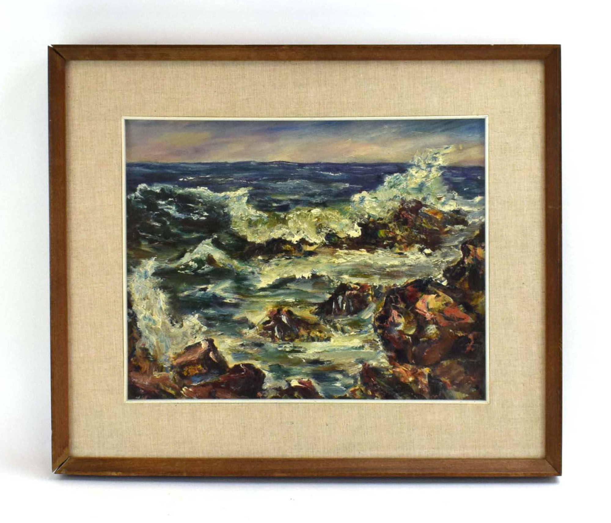 324 (4/6) English School, 20th century,Waves on a rocky shoreline,unsigned,oil on canvas,26.5 x 24