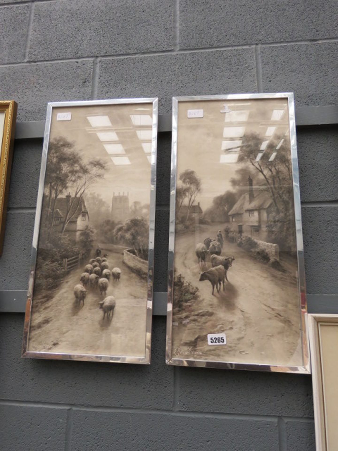 Pair of prints of cattle and sheep in village lane