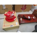 Modern Oriental part tea service plus a wooden serving tray and utensils
