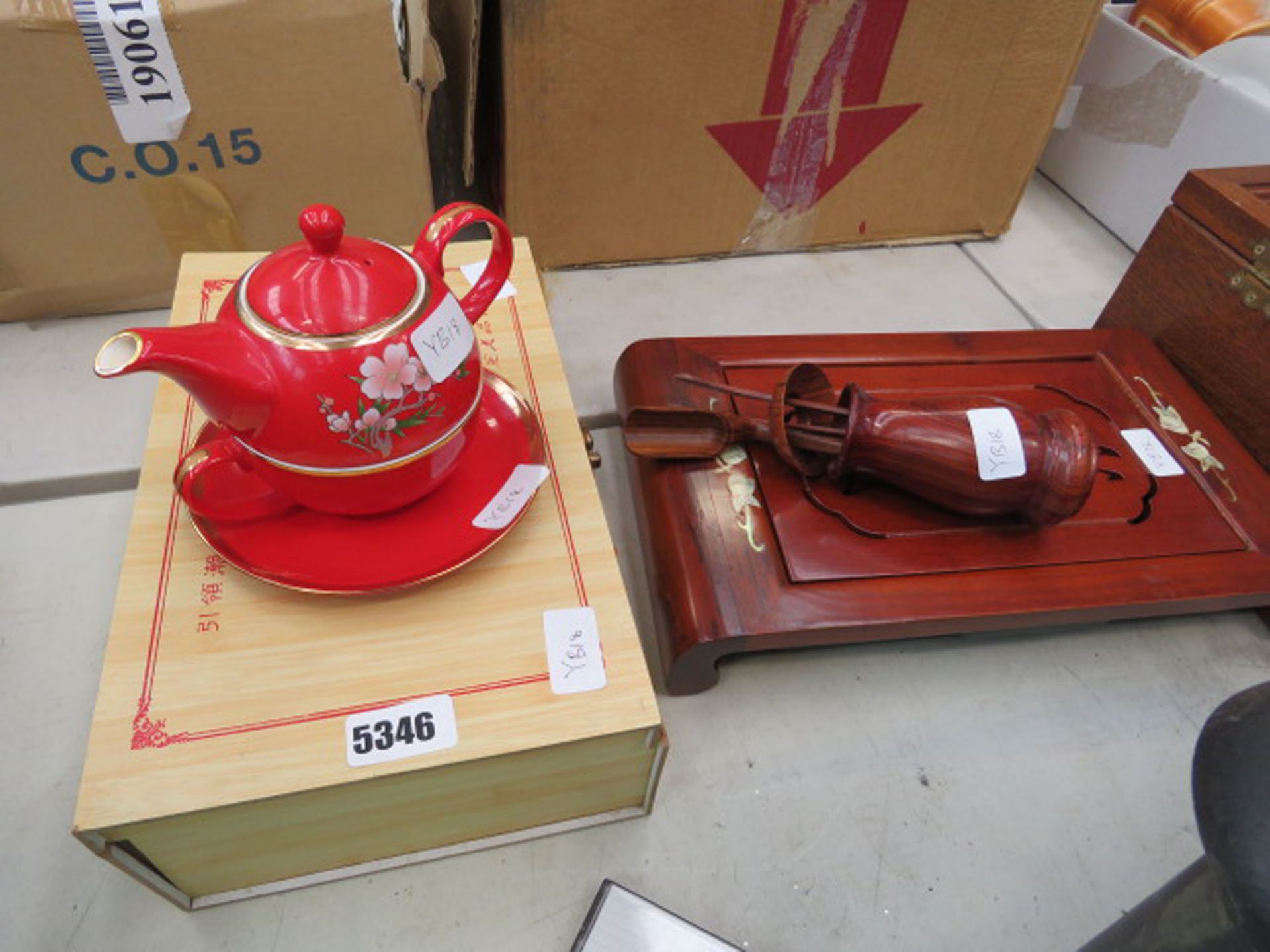 Modern Oriental part tea service plus a wooden serving tray and utensils