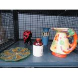 Cage containing 1930's painted jug, studio pottery vase, small whisky bottle, glassware and figure