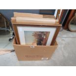 Box containing quantity of prints depicting country scenes, derelict castles, shipping at sea and