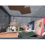 Cage containing dough cutters, ornamental figures, sherry glasses, general glassware and pottery jug