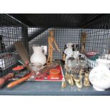 Cage containing glass rolling pin, brass figures, glassware and household goods