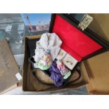 (3) Box containing a ladies bag plus a jewellery box with Wedgwood and Beswick figures