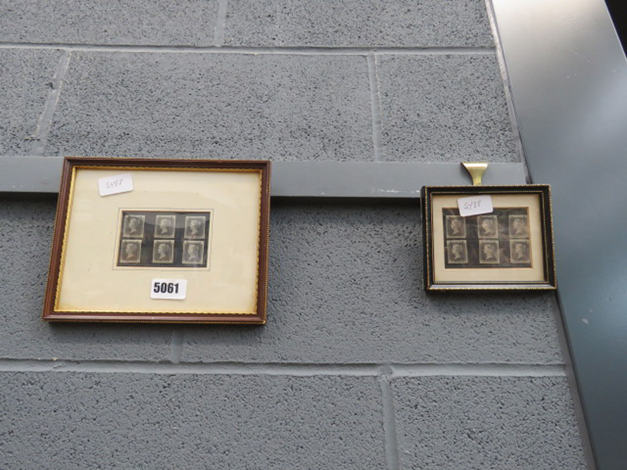 2 framed and glazed pictures with modern cut out Penny Black stamps