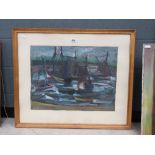 Pastel drawing of boats in harbour