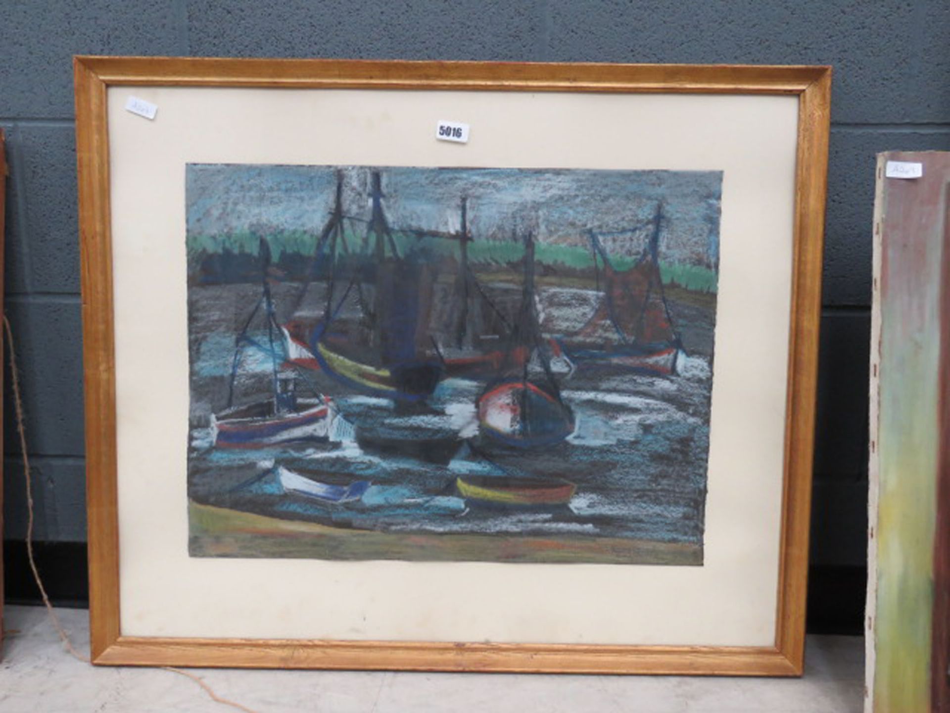 Pastel drawing of boats in harbour