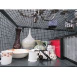 Cage containing pottery vase, glass vase, jug, small jewellery display cabinet, coffee mugs and